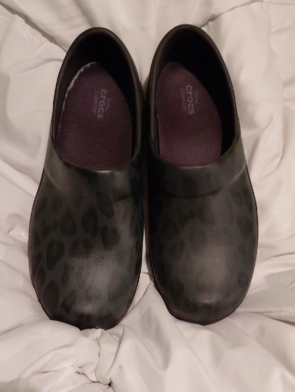 CROCS Slip-On Clogs in Dark Olive with Subtle Leopard Print